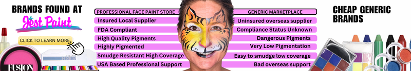 Image displaying a comparison between the brands we sell at our store and cheap generic brands found on online marketplaces. The images shows images of professional face paints we sell versus the ones sold by generic marketplaces, also the image of a woman painted as a cat, half the face with professional products and half the face with cheap low quality products. You can notice the difference in pigmentation, coverage and sharpness. Then there is text comparing our brands vs cheap generic brands.