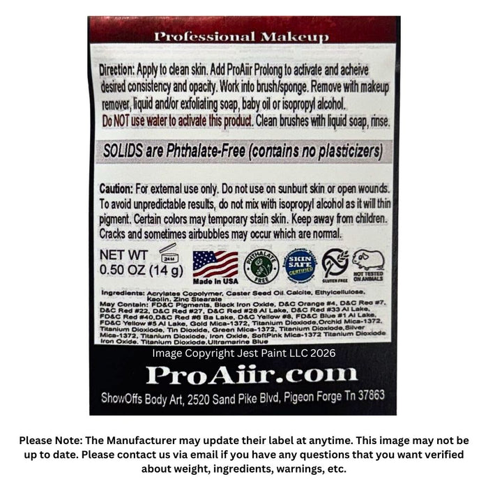ProAiir Solids | Hybrid Water Resistant Face Paint  - Black  - 14gr