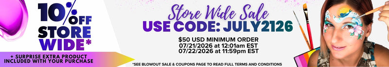 Promotional store-wide sale banner featuring colorful face paint artwork. Text reads: “10% OFF STORE WIDE*,” “Store Wide Sale,” “USE CODE: JULY2126,” “$50 USD MINIMUM ORDER,” “07/21/2026 at 12:01am EST,” “07/22/2026 at 11:59pm EST,” “+ SURPRISE EXTRA PRODUCT INCLUDED WITH YOUR PURCHASE,” and “*SEE BLOWOUT SALE & COUPONS PAGE TO READ FULL TERMS AND CONDITIONS.”