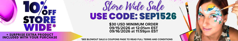 A wide promotional banner for a 10% off storewide sale. On the left, bold purple text announces "10% OFF STORE WIDE*" with a pink banner below stating "+ SURPRISE EXTRA PRODUCT INCLUDED WITH YOUR PURCHASE". The center features cursive and dark purple text reading "Store Wide Sale, USE CODE: SEP1526", above sale terms: "$30 USD MINIMUM ORDER", running from "09/15/2026 at 12:01am EST" to "09/16/2026 at 11:59pm EST", and fine print stating "*SEE BLOWOUT SALE & COUPONS PAGE TO READ FULL TERMS AND CONDITIONS"