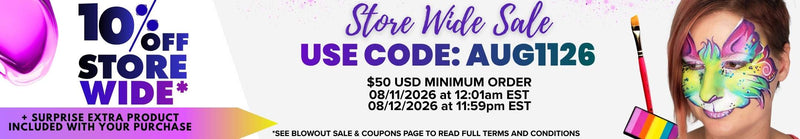 Promotional banner for a 10% OFF Store Wide Sale with a surprise extra product included with your purchase. Text reads: "10% OFF STORE WIDE* + SURPRISE EXTRA PRODUCT INCLUDED WITH YOUR PURCHASE. Store Wide Sale. USE CODE: AUG1126. $50 USD MINIMUM ORDER 08/11/2026 at 12:01am EST - 08/12/2026 at 11:59pm EST. *SEE BLOWOUT SALE & COUPONS PAGE TO READ FULL TERMS AND CONDITIONS." Banner features a paint brush, rainbow face paint container, and a model with colorful face paint.