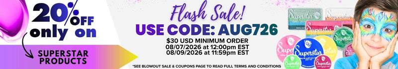 Promotional banner for a Flash Sale featuring a child with colorful face paint and holding Superstar products. Text reads: "20% OFF only on SUPERSTAR PRODUCTS. Flash Sale! USE CODE: AUG726. $30 USD MINIMUM ORDER, valid from 08/07/2026 at 12:00pm EST to 08/09/2026 at 11:59pm EST. **SEE BLOWOUT SALE & COUPONS PAGE TO READ FULL TERMS AND CONDITIONS"