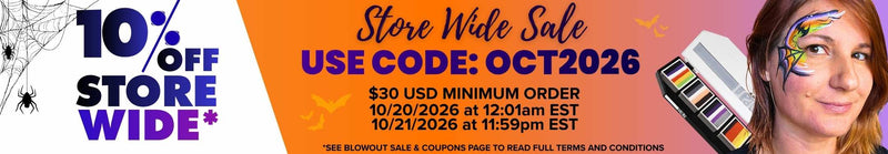 Banner graphic announcing a Store Wide Sale for 10% off storewide with a $30 USD minimum order. Use coupon code OCT2026. Valid from 10/20/2026 at 12:01am EST to 10/21/2026 at 11:59pm EST. Features Halloween decorations with spiders and webs, flying bats, a face paint palette, and a woman with colorful bat-themed face paint. Includes the note: "*See Blowout Sale & Coupons page to read full terms and conditions".