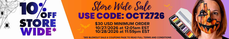 Store-wide sale banner: “10% OFF STORE WIDE*” in bold blue and purple. Orange center panel with “Store Wide Sale,” code “OCT2726,” $30 minimum, and sale dates (10/27/26–10/28/26). Halloween theme with spiderwebs, spiders, yellow bats, a face paint palette, and a pumpkin-painted face. Footer: “*SEE BLOWOUT SALE & COUPONS PAGE FOR FULL TERMS.”