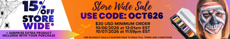 Store Wide Sale banner announcing 15% off with promo code OCT626 on minimum orders of $30 USD from 10/06/2026 to 10/07/2026. Features Halloween face paint graphics, a multi-color body paint palette, and spiders.