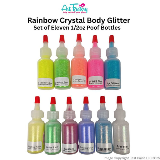 Art Factory |  Set of 11 RAINBOW CRYSTAL Body Glitters in Small 1/2 oz Poofs in Clear Pouch