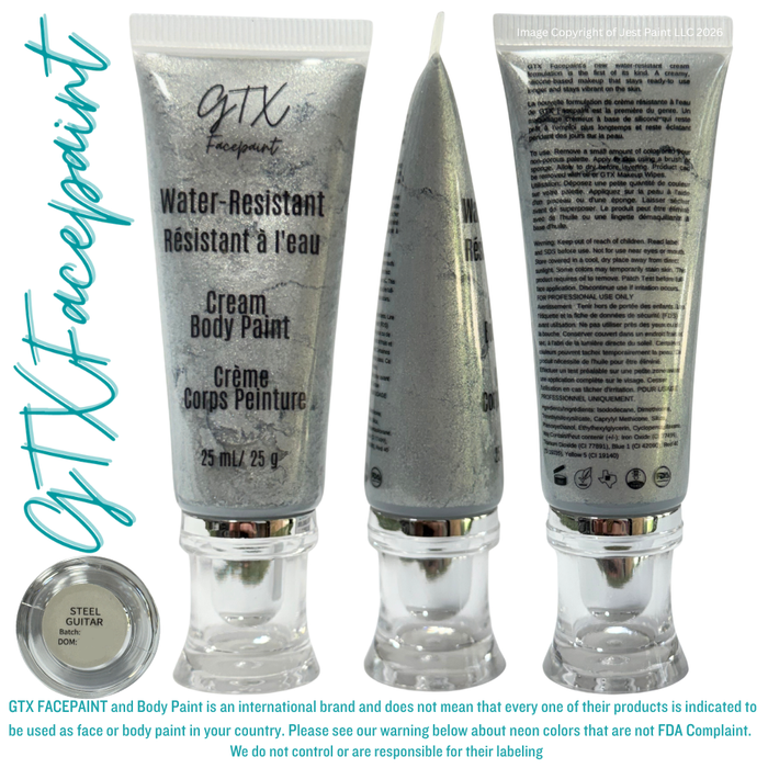 GTX Face Paint | Silicone Based Water Resistant Cream - Metallic Steel Guitar Silver - 25ml Easy Squeezy Tube
