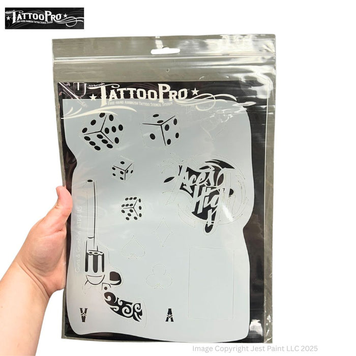 Tattoo Pro 115 - Body Painting Stencil - Guns & Gamblin'