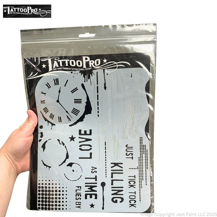 Tattoo Pro 108  - Body Painting Stencil - Trash Polka Clock