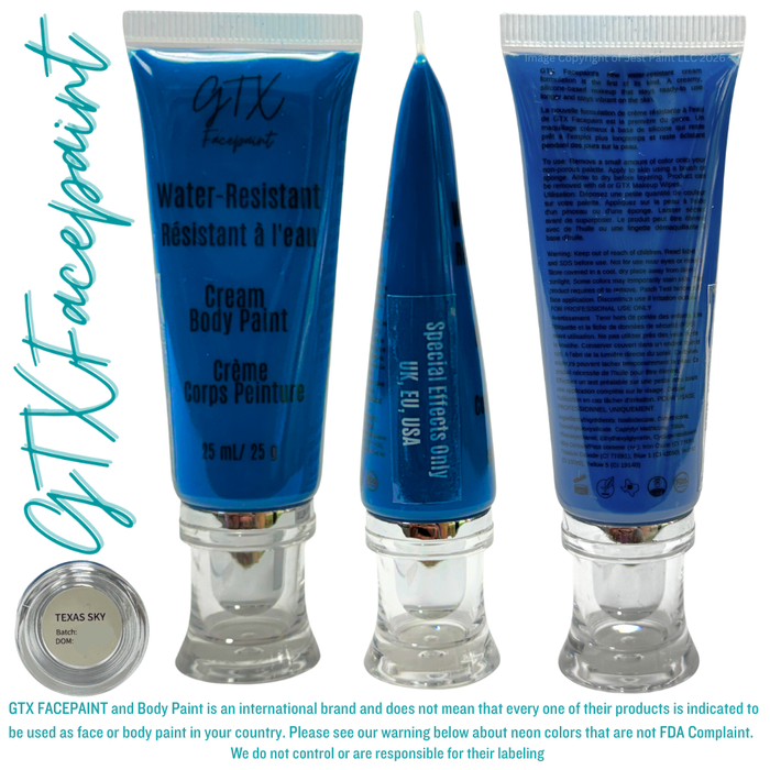 GTX Face Paint | Silicone Based Water Resistant Cream - Neon Texas Sky Blue 25ml Easy Squeezy Tube (SFX - Non Cosmetic)