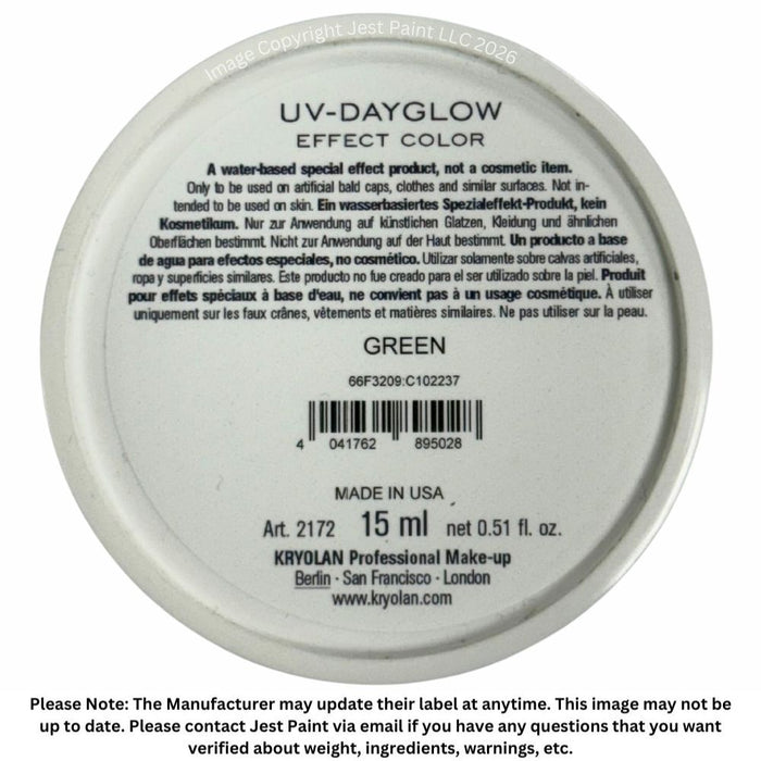 Kryolan Aquacolor | Original Neon UV GREEN - 15ml (SFX - Non Cosmetic)