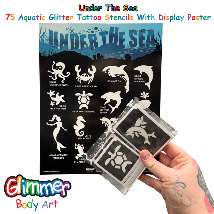 Glimmer Body Art |  UNDER THE SEA Set - 75 Aquatic Glitter Tattoo Stencils with Poster
