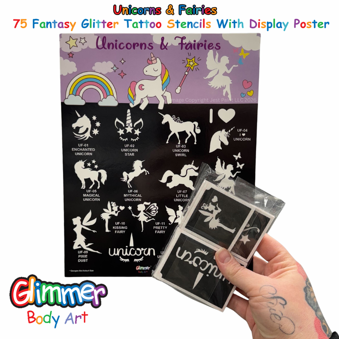 Glimmer Body Art |  UNICORNS & FAIRIES Set - 75 Fantasy Glitter Tattoo Stencils with Poster