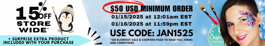 15 % off sale store wide + extra surprise product included with your purchase - $50 USD minimum order - Valid from Jan 15th 2025 at 12:01am EST until Jan 16th 2025 at 11:59pm EST - Use code: JAN1525 - see blowout sale and coupons page to read full terms and conditions - Image shows a woman face painted, a drawing of a penguin holding a face paint brush, and a face paint cake and 2 face painting brushes.