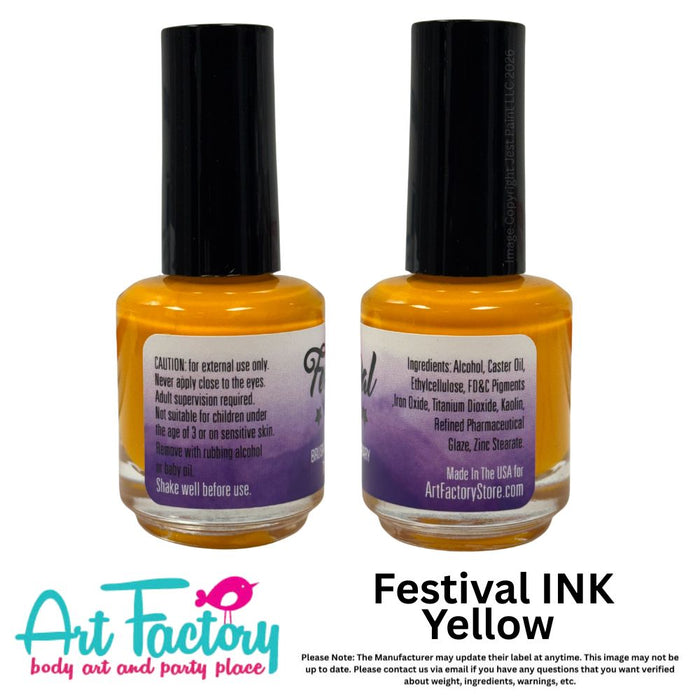 Art Factory | Alcohol Based Temporary Tattoo Ink - FESTIVAL INK - YELLOW -  15ml Bottle