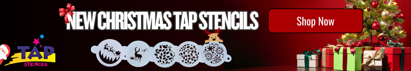 Promotional banner for new Christmas tap stencils with decorative elements and a call to action.