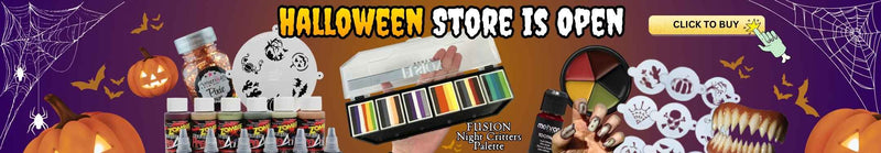 Halloween promotional banner with the text "HALLOWEEN STORE IS OPEN" and a "CLICK TO BUY" button. The image features Halloween makeup and face paint products—including Amerikan Pixie Paint, Zombie airbrush paints, a Fusion "Night Critters Palette", Mehron Tooth FX, stencils, and monster teeth—set against a purple background with jack-o'-lanterns, bats, and spiderwebs.