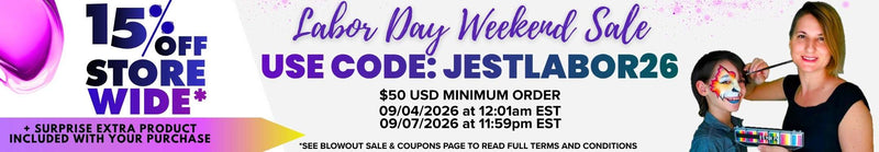 Labor Day Weekend Sale banner offering 15% off storewide with code JESTLABOR26. Valid on $50 USD minimum orders from 09/04/2026 at 12:01am EST to 09/07/2026 at 11:59pm EST. Includes a surprise extra product with your purchase. Features an artist painting a colorful design on a young child's face. See Blowout Sale & Coupons page for full terms and conditions.