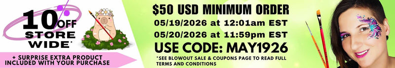 Promotional banner advertising a “10% OFF STORE WIDE” sale with a pink and green background. Text states a $50 USD minimum order is required and the sale runs from 05/19/2026 at 12:01am EST through 05/20/2026 at 11:59pm EST. Coupon code “MAY1926” is displayed prominently. The banner also mentions a surprise extra product included with purchase. Decorative graphics include paintbrushes, a cartoon alpaca, and a smiling woman with colorful face paint makeup on the right side.