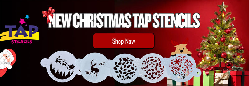Banner for new Christmas tap stencils with decorative elements and a Shop Now call to action.