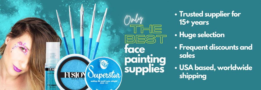 Banner with face painting products and copy: Only the Best Face Painting Supplies. Trusted supplier for 15+ years, Huge selection, Frequent discounts and sales, USA based, worldwide shipping.