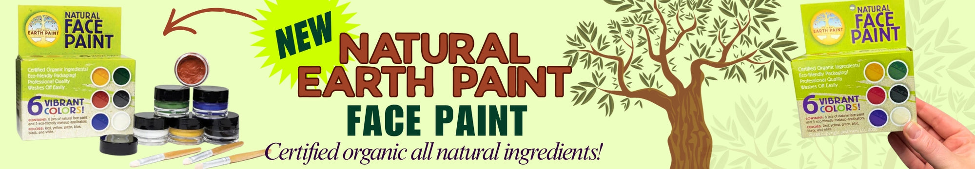 Natural Earth Paint face paint kit banner featuring certified organic ingredients, six vibrant colors, eco-friendly packaging, paint jars and brushes, with “New” label and illustrated tree background