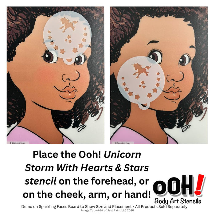Ooh! Face Painting Stencil | Unicorn Storm with Hearts and Stars (R01)