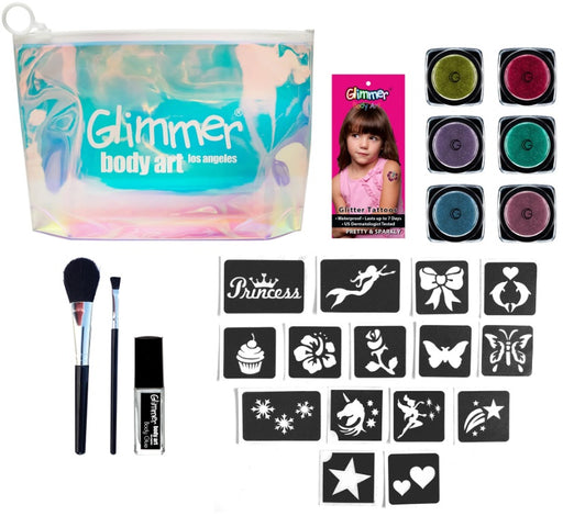 Glimmer Body Art | PRETTY AND SPARKLY Glitter Tattoo Kit with 15 Stencils (Varying Colors of Glitter)