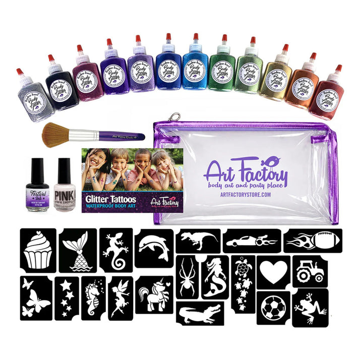 Art Factory | Pro Ink and Glitter Tattoo Kit w/ Twelve 1oz Poofs and 100 Stencils - NEW (7Z)