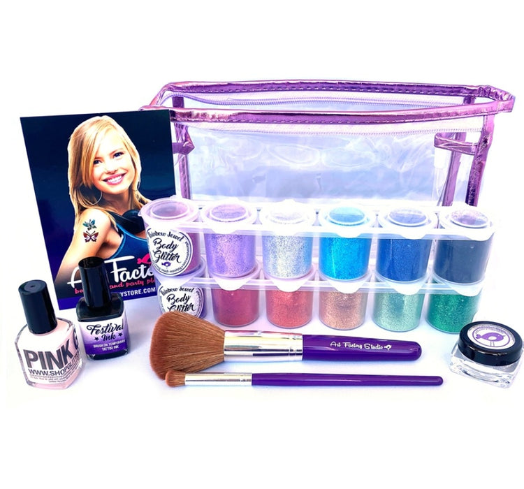 Art Factory | Pro Free-Hand Ink and Glitter Tattoo Kit w/ 12 Pop Up Cups / No Stencils  (7B)