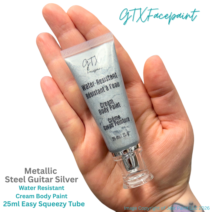 GTX Face Paint | Silicone Based Water Resistant Cream - Metallic Steel Guitar Silver - 25ml Easy Squeezy Tube