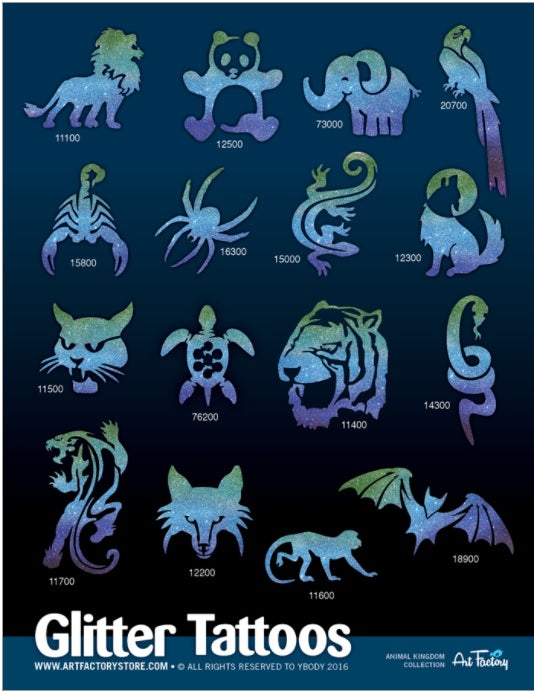ART FACTORY | Set of 80 Glitter Tattoo Stencils with Display -  ANIMAL KINGDOM Collection