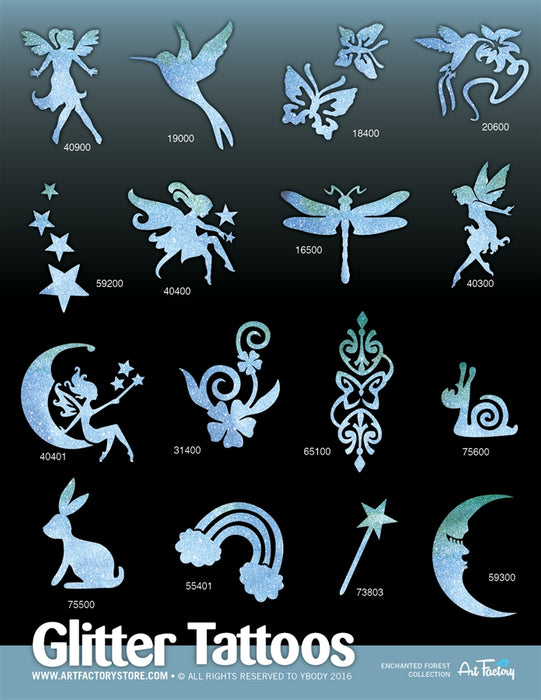 ART FACTORY | Set of 80 Glitter Tattoo Stencils with Display - ENCHANTED FOREST Collection