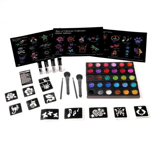 Glimmer Body Art | Pro Glitter Tattoo Business Kit with 150 Stencils and 3 Design Sheets