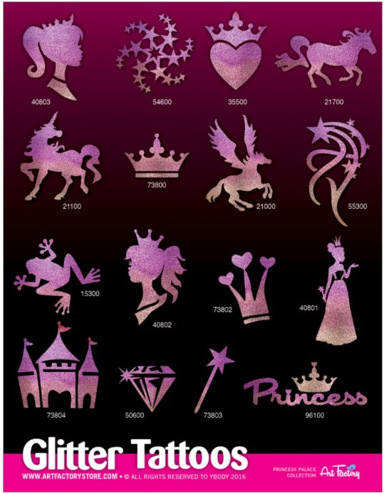 ART FACTORY | Set of 80 Glitter Tattoo Stencils with Display -DISCONTINUED -  PRINCESS PALACE Collection