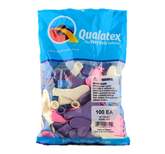 Qualatex Balloons - 6" PEARL HEART Assortment (4 Colors) - 100ct