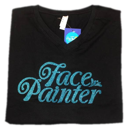 Face Painter Black T-Shirt with Aqua Glitter Print - XL (V-neck) - DISCONTINUE