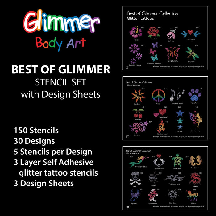 GLIMMER BODY ART | 150 Glitter Tattoo Stencils with 3 Design Sheets - BEST OF GLIMMER SET