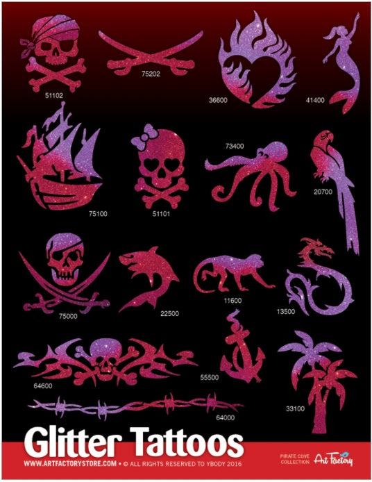 ART FACTORY | Set of 80 Glitter Tattoo Stencils with Display - DISCONTINUED - PIRATE COVE Collection