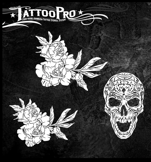 Tattoo Pro | Air Brush Body Painting Stencil - SKULL AND FLOWERS 194