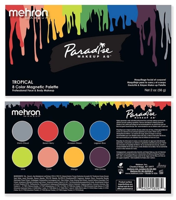 Paradise Face Paint  By Mehron | Coated Card Stock Magnetic Case - 8 Color TROPICAL Palette